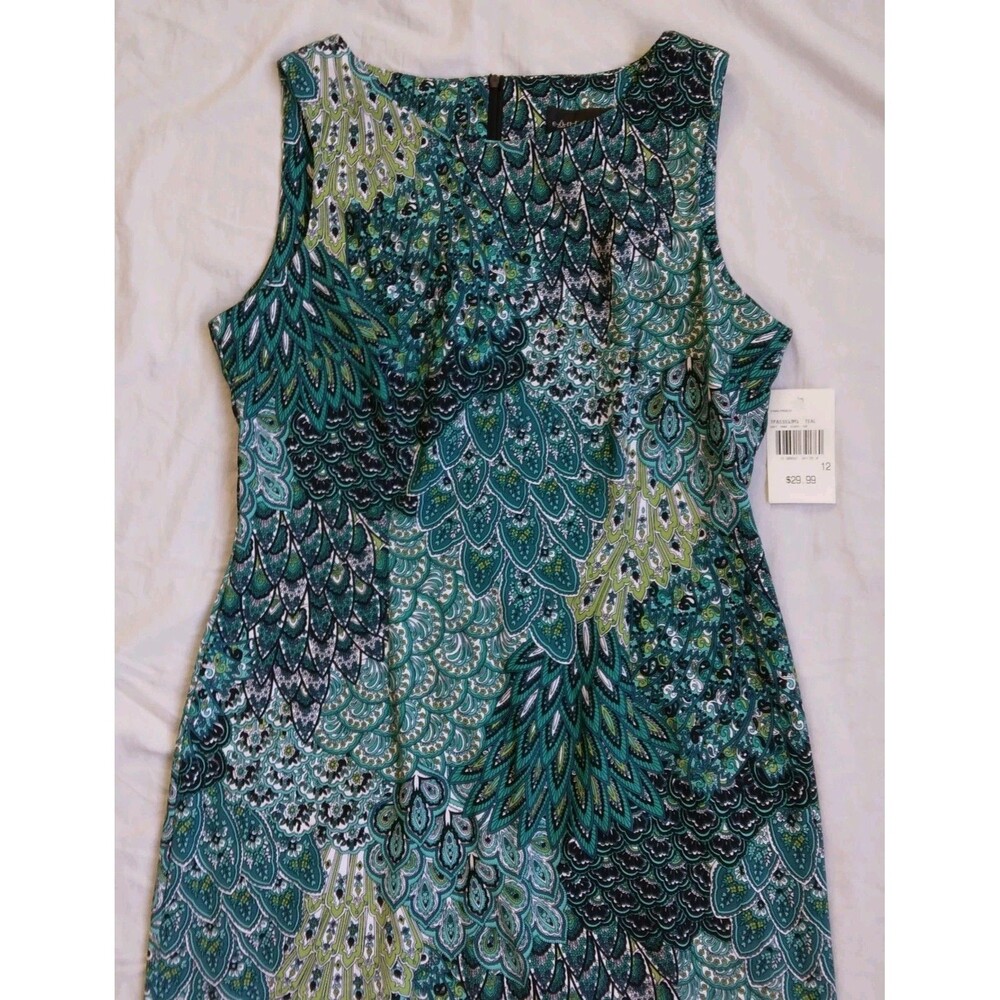 NWT Connected Apparel Sheath Dress Teal Peacock Feather Paisley Print Women's 12 - Picture 2 of 10